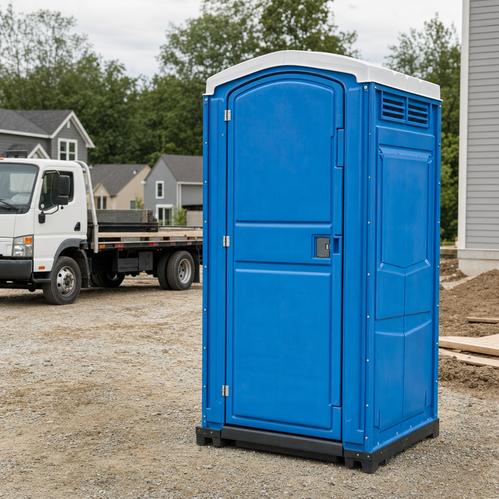 Delivery driver positioning a clean royal-blue portable toilet on level ground at a Fort Myers worksite
