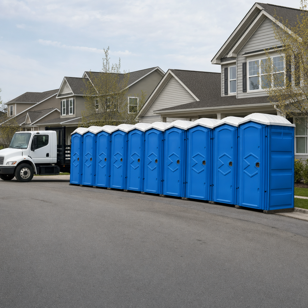 Royal blue portable toilets staged in a tidy row at a Fort Myers jobsite, ready for delivery